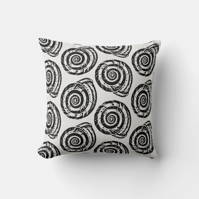 Spiral Seashell Block Print, Black and White Cushion (Front)
