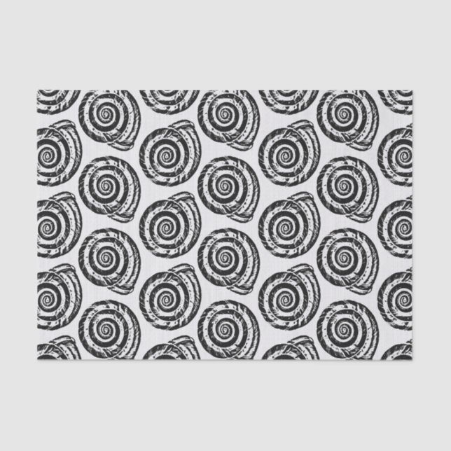 Spiral Seashell Block Print, Black and White Tissue Paper (Front)
