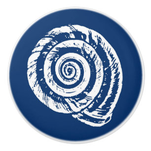 Spiral Seashell Block Print, Cobalt Blue and White Ceramic Knob