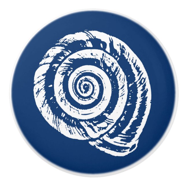 Spiral Seashell Block Print, Cobalt Blue and White Ceramic Knob (Front)