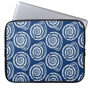 Spiral Seashell Block Print, Cobalt Blue and White Laptop Sleeve