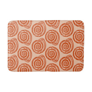 Spiral Seashell Block Print, Coral Orange Bath Mat
