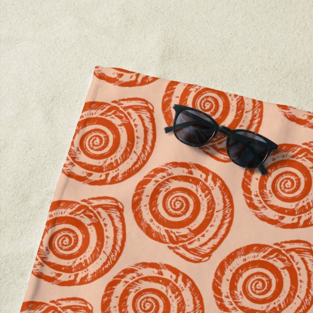 Spiral Seashell Block Print, Coral Orange Beach Towel (In Situ)