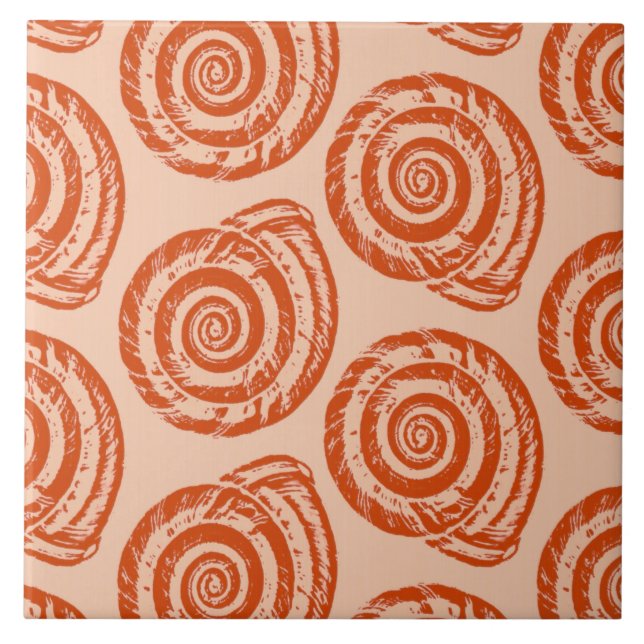 Spiral Seashell Block Print, Coral Orange Tile (Front)