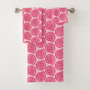 Spiral Seashell Block Print, Coral Pink & Fuchsia Bath Towel Set