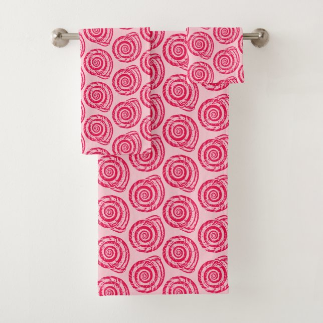 Spiral Seashell Block Print, Coral Pink & Fuchsia Bath Towel Set (Insitu)