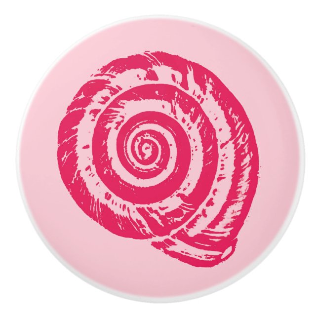 Spiral Seashell Block Print, Coral Pink & Fuchsia Ceramic Knob (Front)