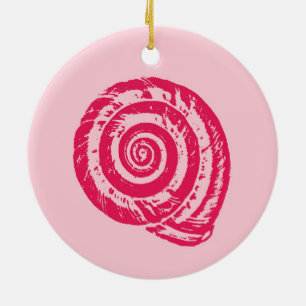 Spiral Seashell Block Print, Coral Pink & Fuchsia Ceramic Tree Decoration