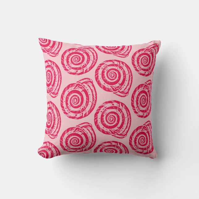 Spiral Seashell Block Print, Coral Pink & Fuchsia Cushion (Front)