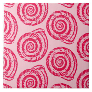 Spiral Seashell Block Print, Coral Pink & Fuchsia Tile