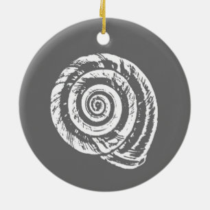 Spiral Seashell Block Print, Grey and White  Ceramic Tree Decoration