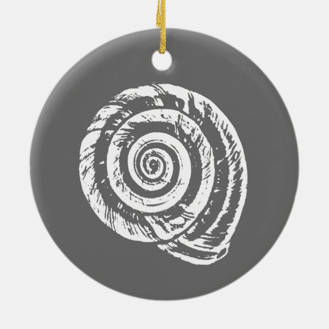 Spiral Seashell Block Print, Grey and White  Ceramic Tree Decoration (Back)