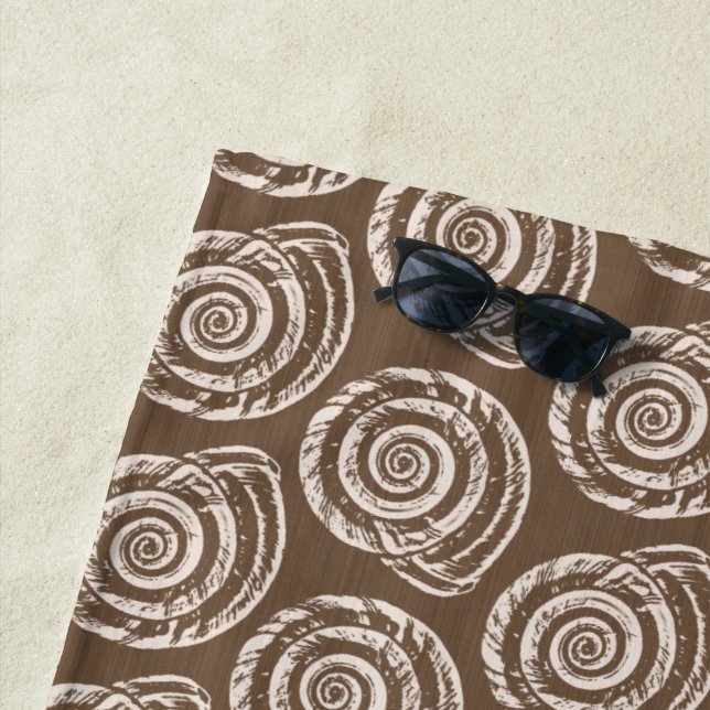 Spiral Seashell Block Print, Taupe Tan and Cream Beach Towel (In Situ)
