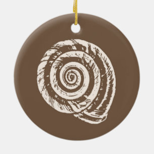 Spiral Seashell Block Print, Taupe Tan and Cream  Ceramic Tree Decoration