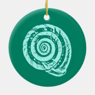 Spiral Seashell Block Print, Turquoise and Aqua   Ceramic Tree Decoration