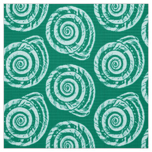 Spiral Seashell Block Print, Turquoise and Aqua Fabric