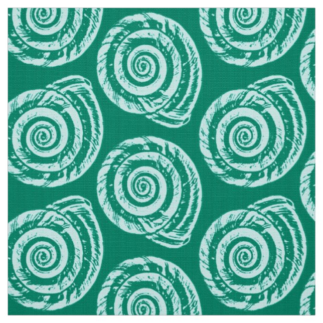 Spiral Seashell Block Print, Turquoise and Aqua Fabric (Swatch)
