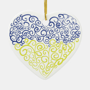Spiral swirls mehandi heart Ukrainian flag colours Ceramic Tree Decoration