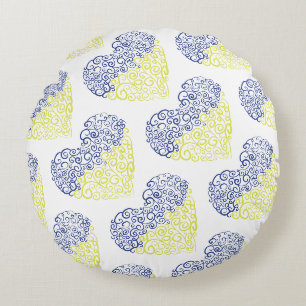 Spiral swirls mehandi heart Ukrainian flag colours Round Cushion