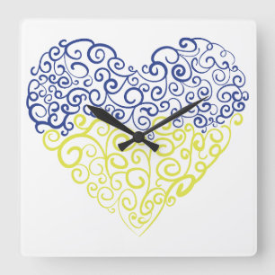Spiral swirls mehandi heart Ukrainian flag colours Square Wall Clock