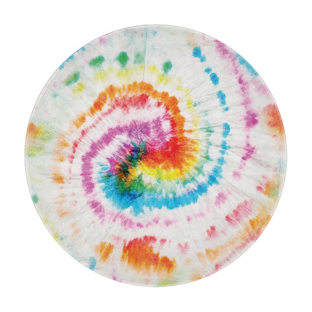 Spiral tie-dye, rainbow swirl pattern cutting board (Front)