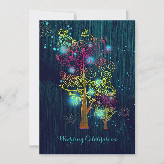 Spiral Trees Glitzy Forest Blue Wedding Invitation (Front)