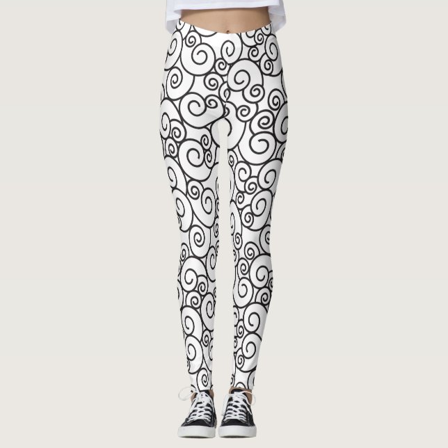 Spiral Twirly Swirly Pattern Black White Design Leggings (Front)