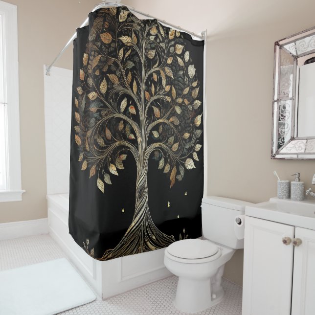 Spiralling Golden Fibonacci Tree Shower Curtain (In Situ)