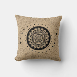 Spirals Dots and Flowers Black Henna Mandala Cushion