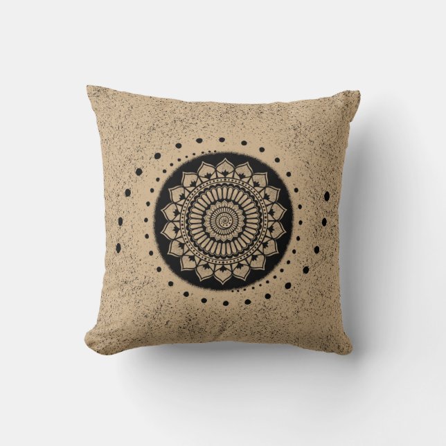 Spirals Dots and Flowers Black Henna Mandala Cushion (Front)