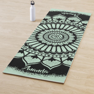 Spirals Dots Flowers Green Black Henna Mandala Yoga Mat