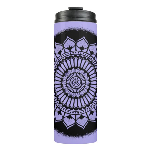 Spirals Dots Flowers Lavender Black Henna Mandala Thermal Tumbler (Front)