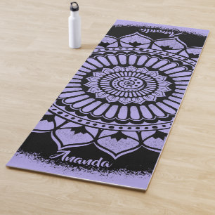 Spirals Dots Flowers Lavender Black Henna Mandala Yoga Mat