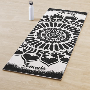 Spirals Dots Flowers White on Black Henna Mandala Yoga Mat