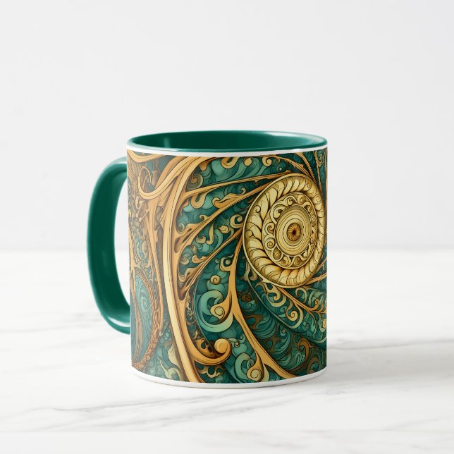 Spirals in Green and Gold Mug (Front Left)
