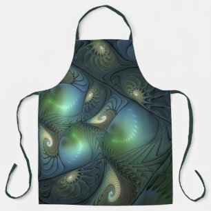 Spirals Teal Beige Green Abstract Fractal Art Apron