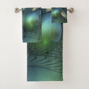 Spirals Teal Beige Green Abstract Fractal Art Bath Towel Set