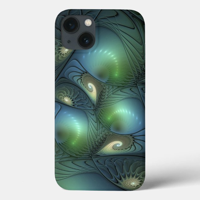 Spirals Teal Beige Green Abstract Fractal Art Case-Mate iPhone Case (Back)