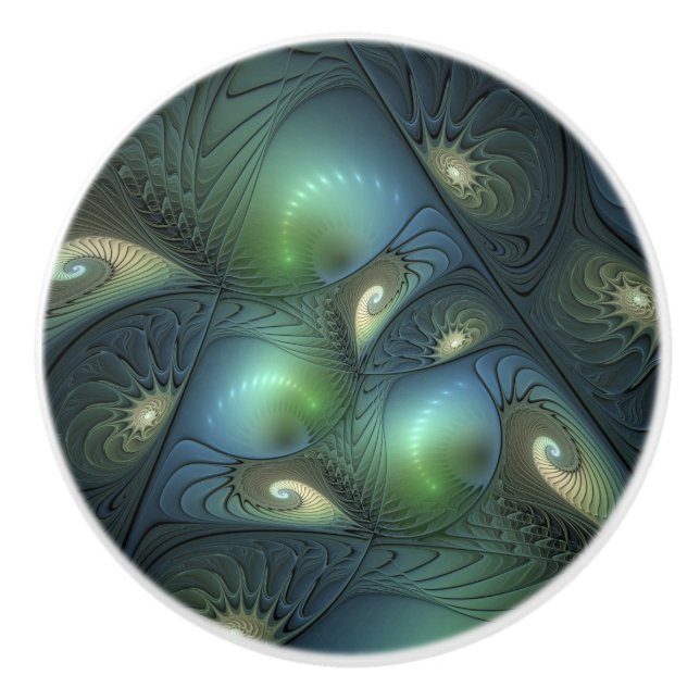 Spirals Teal Beige Green Abstract Fractal Art Ceramic Knob (Front)