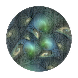 Spirals Teal Beige Green Abstract Fractal Art Cutting Board