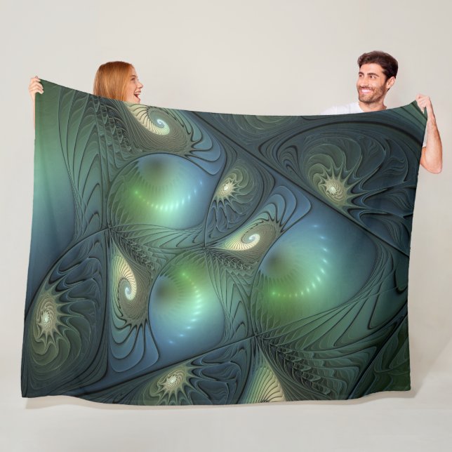 Spirals Teal Beige Green Abstract Fractal Art Fleece Blanket (In Situ)