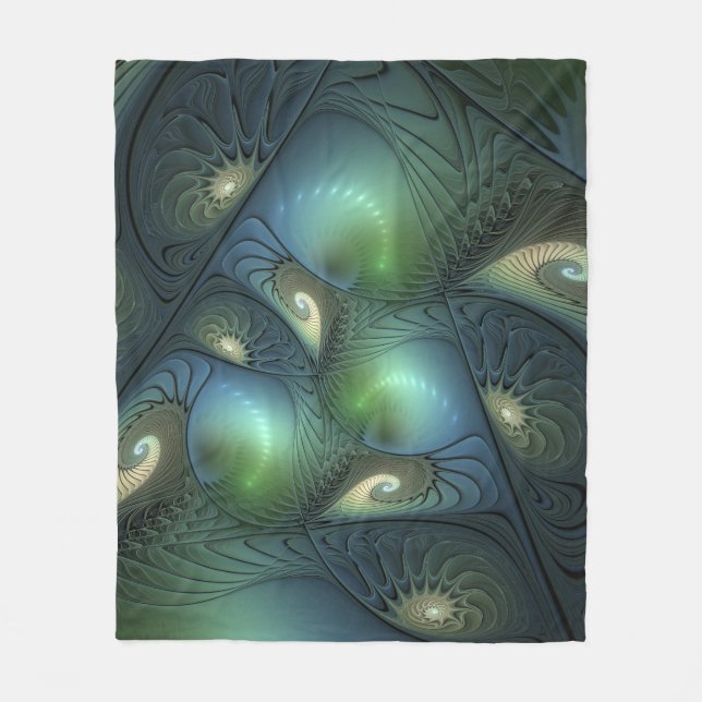 Spirals Teal Beige Green Abstract Fractal Art Fleece Blanket (Front)