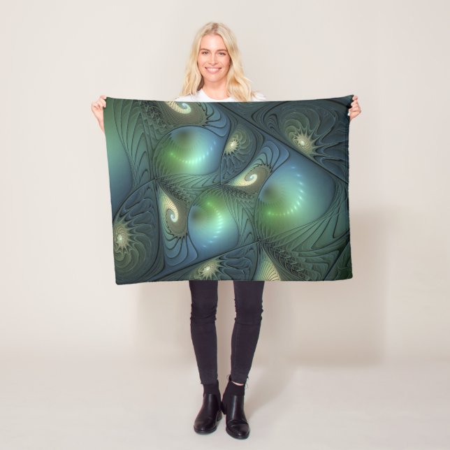 Spirals Teal Beige Green Abstract Fractal Art Fleece Blanket (In Situ)