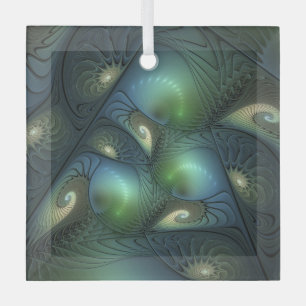 Spirals Teal Beige Green Abstract Fractal Art Glass Tree Decoration