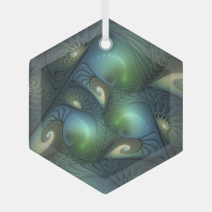 Spirals Teal Beige Green Abstract Fractal Art Glass Tree Decoration