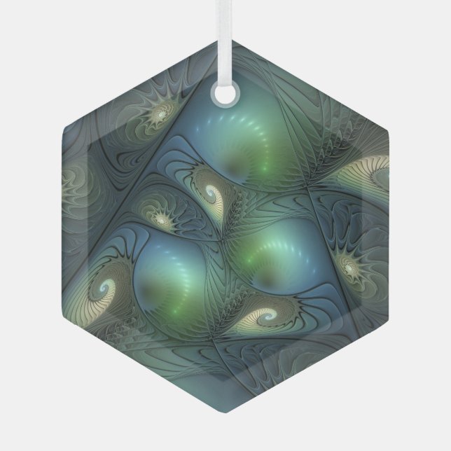 Spirals Teal Beige Green Abstract Fractal Art Glass Tree Decoration (Front)