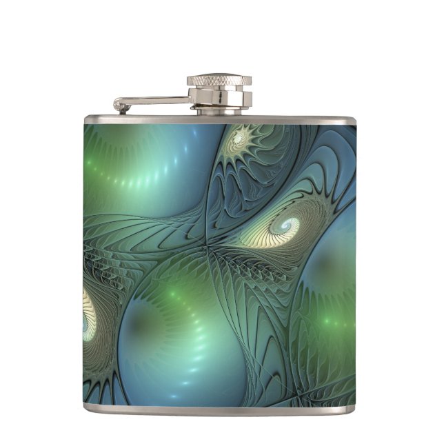 Spirals Teal Beige Green Abstract Fractal Art Hip Flask (Front)