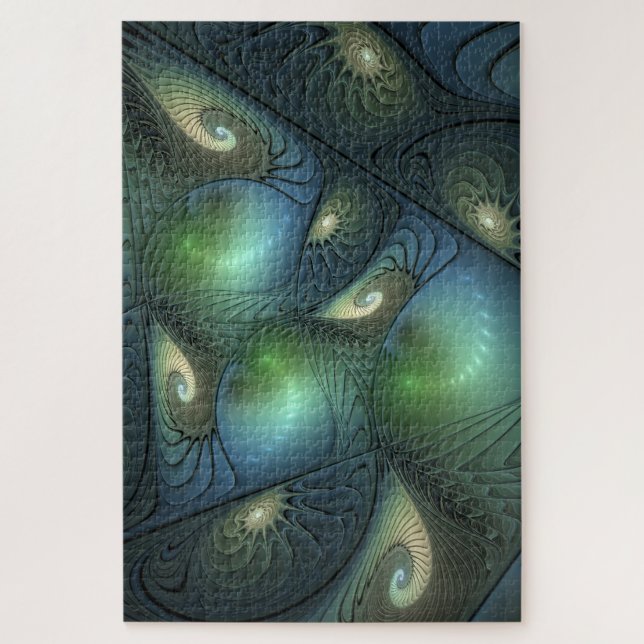 Spirals Teal Beige Green Abstract Fractal Art Jigsaw Puzzle (Vertical)