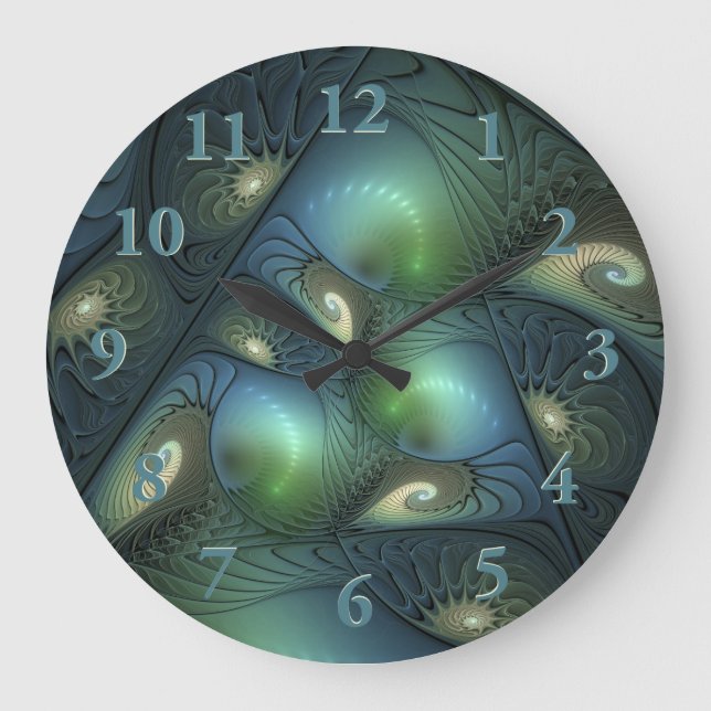 Spirals Teal Beige Green Abstract Fractal Art Large Clock (Front)