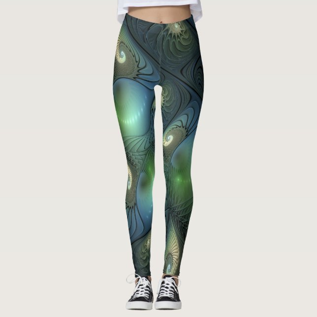 Spirals Teal Beige Green Abstract Fractal Art Leggings (Front)